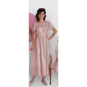 VTG Union Made 1988 Pink Full lace Brides Maid Cocktail Party Dress Belted Bow 6